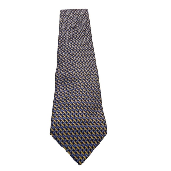 Bolgheri 100% Silk Mens Neck Tie; Made in Italy; Blue/Yellow Basketweave Pattern - Picture 9 of 9